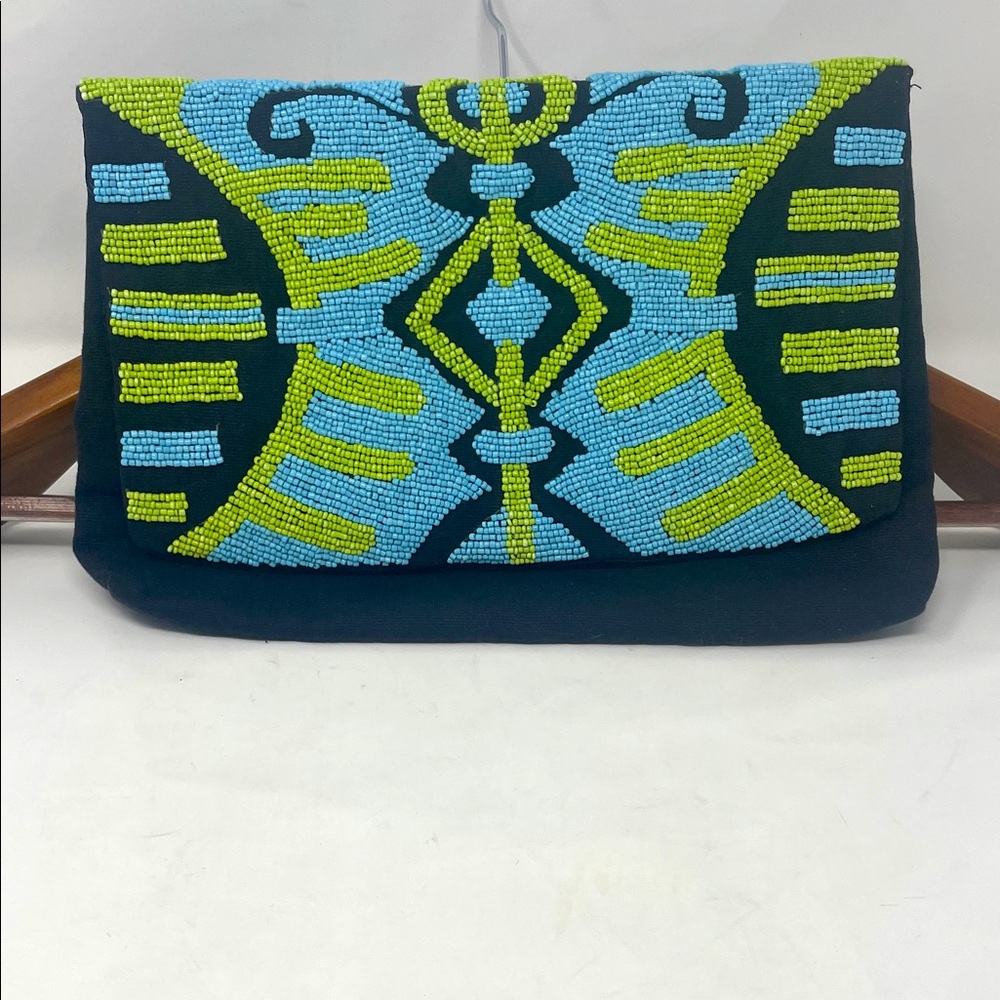 K.C. Malhan Black, Green & Blue Beaded Handbag Clutch Excellent Condition
